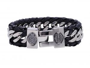 Steel Curb Link & Black Leather Bracelet MODHSB0185