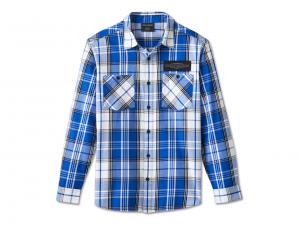 Men's Stacked Bar & Shield Long Sleeve Plaid Shirt Plaid Blue & White 96034-25VM